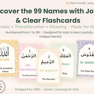 Puede incluir: Juego de tarjetas didácticas para niños con los 99 nombres de Allah. Cada tarjeta muestra escritura árabe, transliteración y significado. Diseñadas para un aprendizaje alegre e independiente, con un diseño apto para niños.