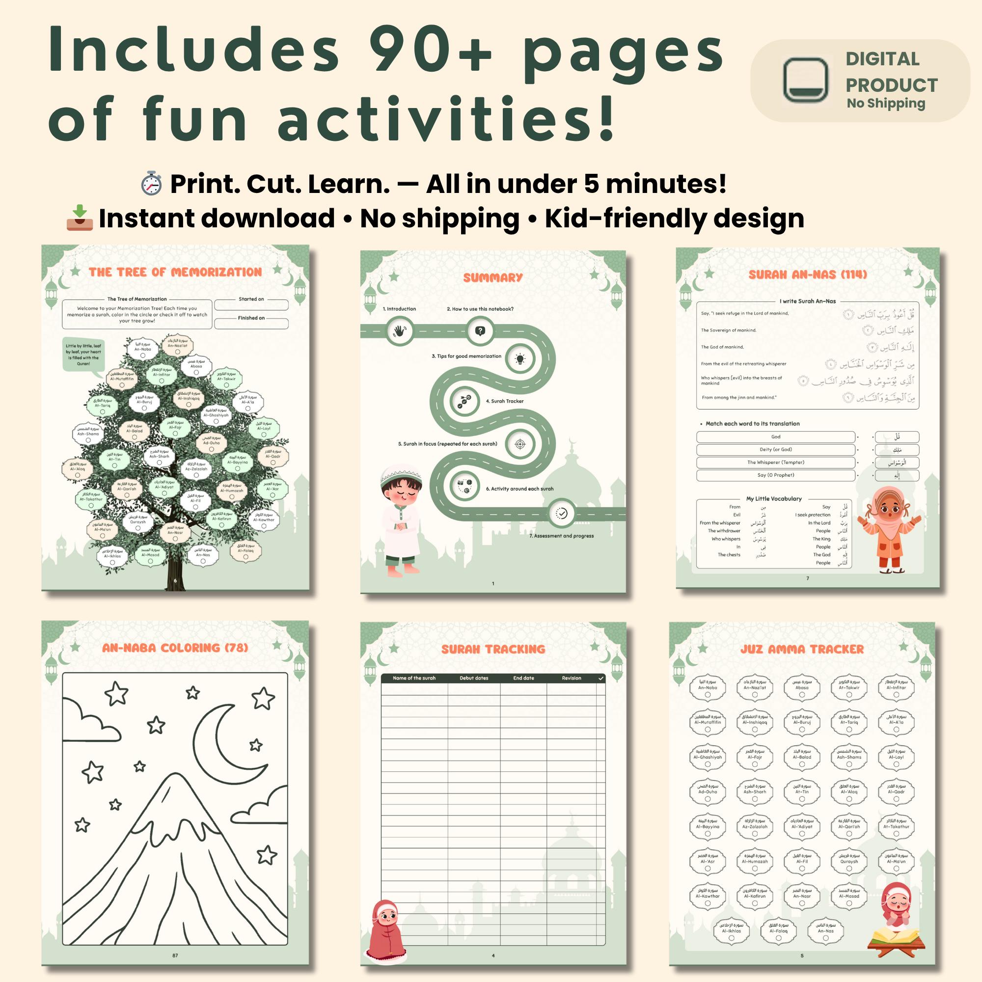 Juz Amma Activity Book for Kids – Islamic Printable Workbook–Quran Learning PDF– Muslim Homeschool Activities – Arabic Tracing & Memorization