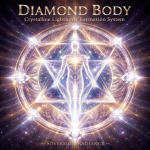 Peut inclure: Illustration numérique artistique avec le texte "DIAMOND BODY" et "Crystalline Lightbody Formation System". L'image présente une figure humaine lumineuse dans un design géométrique, entourée de lumière scintillante et du texte "Sovereign Radiance".