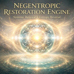 May include: An artistic digital image with the text "NEGENTROPIC RESTORATION ENGINE" and "Systemic Renewal & Entropy Reversal". The image features a glowing sphere at the center, surrounded by radiating light and a network of interconnected lines.