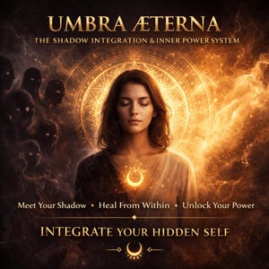 May include: Digital art featuring a woman with closed eyes, centered in a glowing, golden aura. The text "UMBRA ÆTERNA" and "INTEGRATE YOUR HIDDEN SELF" are displayed. Additional text includes "Meet Your Shadow, Heal From Within, Unlock Your Power."
