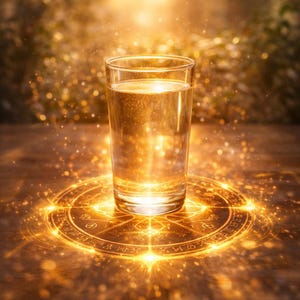 May include: A clear glass tumbler filled with liquid, positioned centrally on a circular base featuring intricate golden symbols and glowing light patterns that radiate outward across the surface in a warm, luminous display.