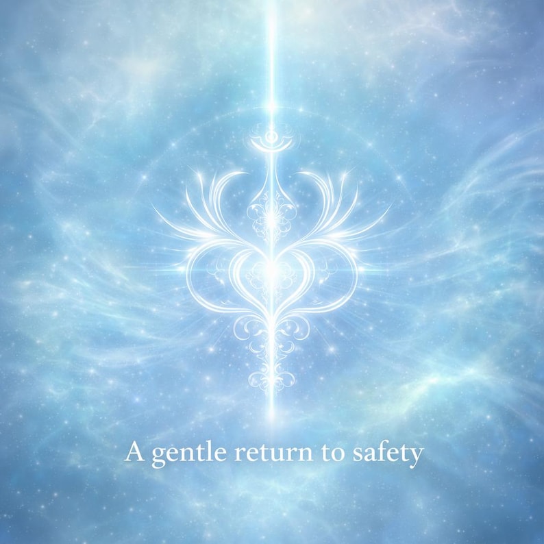 May include: A digital art piece with a soft blue and white color palette. A glowing, ornate, symmetrical design is centered, with a vertical light beam above. The text "A gentle return to safety" is at the bottom.