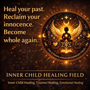 May include: An illustration with a dark background and gold accents. The image features a circular emblem with a figure meditating, wings, and celestial symbols. Text includes "Heal your past. Reclaim your innocence. Become whole again." and "INNER CHILD HEALING FIELD."