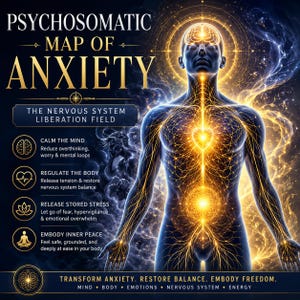 May include: A poster titled PSYCHOSOMATIC MAP OF ANXIETY featuring a glowing golden human silhouette with a highlighted nervous system. Text includes THE NERVOUS SYSTEM LIBERATION FIELD and four bullet points detailing mind, body, stress, and peace.