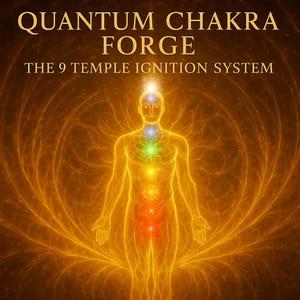 May include: An illustration of a human figure with glowing energy centers, overlaid on a golden, swirling background. The text "QUANTUM CHAKRA FORGE" and "THE 9 TEMPLE IGNITION SYSTEM" are at the top.
