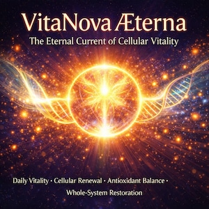 以下が含まれることがあります： 天体のテーマの抽象的なデジタルアート画像。「VitaNova Æterna」と「The Eternal Current of Cellular Vitality」のテキストが表示されています。明るく輝くオーブが中心にあり、光とDNA鎖に囲まれています。