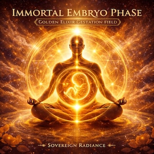 Könnte beinhalten: Digitales Kunstwerk, das eine Person in meditativer Pose zeigt, die goldenes Licht ausstrahlt. Das Bild enthält den Text "Immortal Embryo Phase" und "Golden Elixir Gestation Field" oben und "Sovereign Radiance" unten. Das Kunstwerk ist detailreich und symbolträchtig.