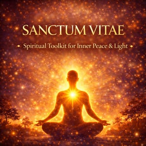 May include: Digital artwork depicting a meditating figure in a lotus position, emanating light from the chest. The background is a starry, golden-orange nebula. Text reads "SANCTUM VITAE - Spiritual Toolkit for Inner Peace & Light."