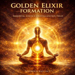 May include: Digital artwork depicting a person meditating, surrounded by golden light. The text reads "GOLDEN ELIXIR FORMATION" and "Immortal Essence Crystallization Field". The words "Sovereign Radiance" are at the bottom of the image.
