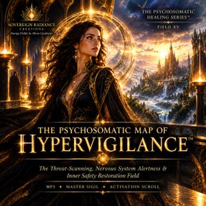 May include: A digital artwork titled The Psychosomatic Map of Hypervigilance, featuring a person in black and gold attire against a fantasy landscape. Text includes Sovereign Radiance Creations, The Psychosomatic Healing Series, Field XV, MP3, Master Sigil, and Activation Scroll.