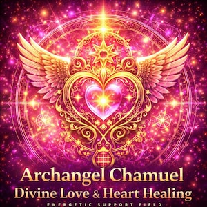 Puede incluir: Ilustración digital con un diseño en forma de corazón, alas doradas y detalles intrincados. La imagen tiene una combinación de colores rosa y dorado con el texto "Archangel Chamuel Divine Love & Heart Healing".