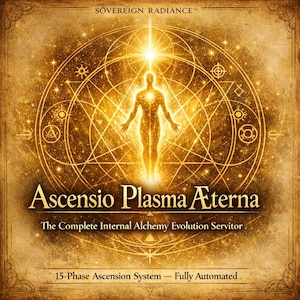 Może przedstawiać: Złota ilustracja z tekstem "Ascensio Plasma Aterna" i "The Complete Internal Alchemy Evolution Servitor". Obraz przedstawia świecącą ludzką postać w geometrycznych kształtach oraz tekst "15-Phase Ascension System - Fully Automated."