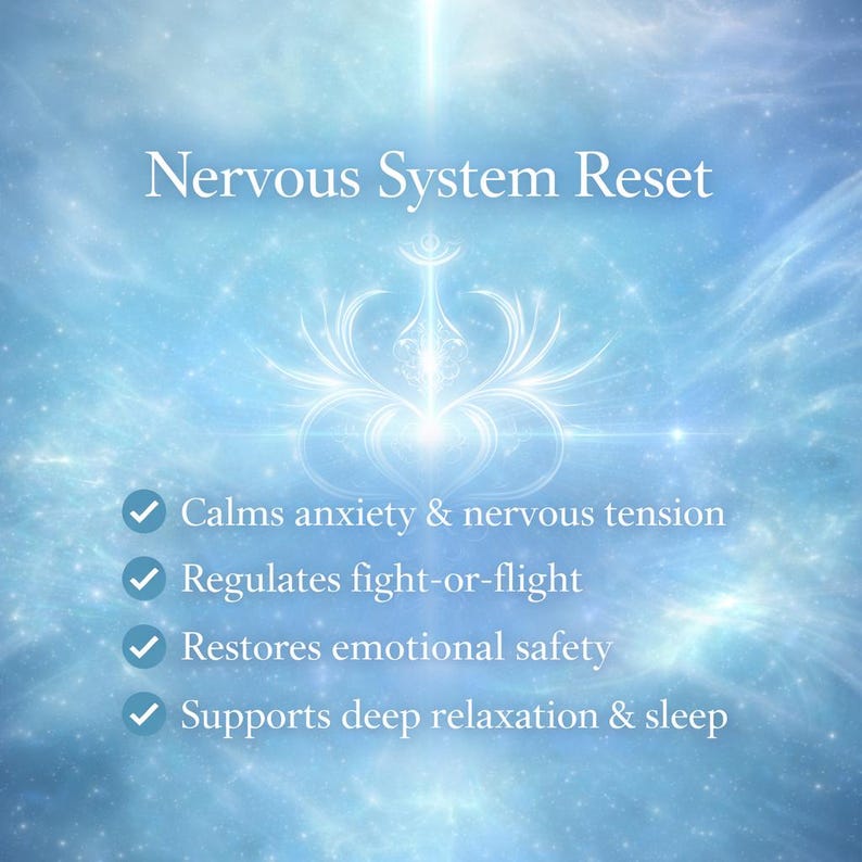 May include: A light blue graphic with the text "Nervous System Reset" and a white floral design. The image lists benefits including calming anxiety, regulating fight-or-flight, restoring emotional safety, and supporting relaxation and sleep.