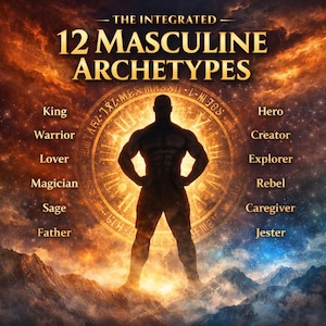 以下が含まれることがあります： 「THE INTEGRATED 12 MASCULINE ARCHETYPES」のテキストが入った芸術的な画像。筋肉質な男性の姿が、金色の円形デザインの前に立っています。王、戦士、恋人、魔術師、ヒーローなどの原型が画像にリストされています。