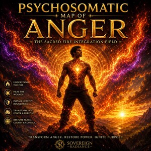 May include: A poster titled PSYCHOSOMATIC MAP OF ANGER THE SACRED FIRE INTEGRATION FIELD featuring a central figure with a glowing heart standing on a mountain amidst flames. Text includes five bullet points and TRANSFORM ANGER, RESTORE POWER, IGNITE PURPOSE and SOVEREIGN RADIANCE.