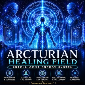 May include: A digital art image with a blue and white theme. The text "ARCTURIAN HEALING FIELD" is displayed. The image features a human figure with outstretched arms, surrounded by geometric shapes and two alien figures.