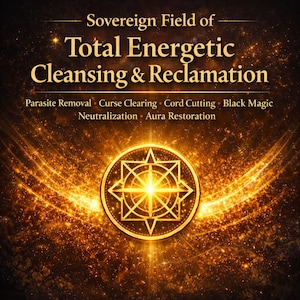 May include: A digital graphic featuring the text Sovereign Field of Total Energetic Cleansing & Reclamation, Parasite Removal, Curse Clearing, Cord Cutting, Black Magic Neutralization, Aura Restoration, centered above a glowing gold star emblem.