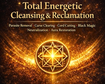 Pode incluir: Um gráfico digital com o texto Sovereign Field of Total Energetic Cleansing & Reclamation, Parasite Removal, Curse Clearing, Cord Cutting, Black Magic Neutralization, Aura Restoration, centralizado sobre um emblema de estrela dourada brilhante.