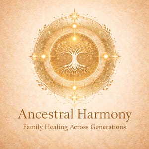 May include: A golden illustration of a tree of life within a circular design, with the text "Ancestral Harmony" and "Family Healing Across Generations" in a warm, beige background. The design features intricate details and a celestial theme.