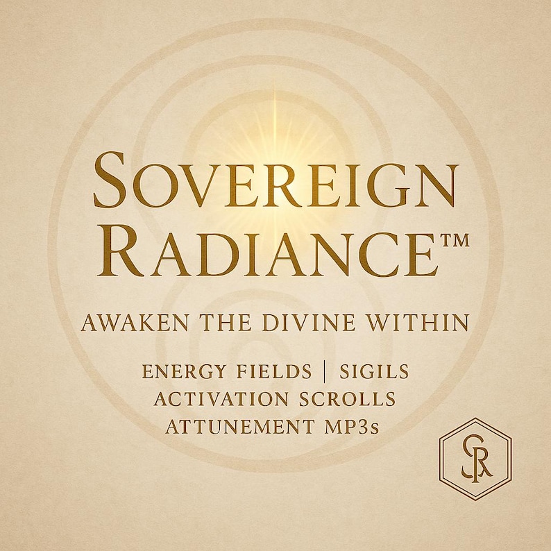 May include: A beige graphic with the words "SOVEREIGN RADIANCE" in gold lettering. Below, it reads "AWAKEN THE DIVINE WITHIN." Additional text includes "ENERGY FIELDS | SIGILS, ACTIVATION SCROLLS, ATTUNEMENT MP3s." A logo is in the bottom right corner.