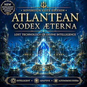 Puede incluir: Ilustración digital de una ciudad submarina con cristales azules y el texto "ATLANTEAN CODEX ÆTERNA". La imagen incluye las frases "Sovereign Elite Edition" y "Lost Technology of Divine Intelligence".