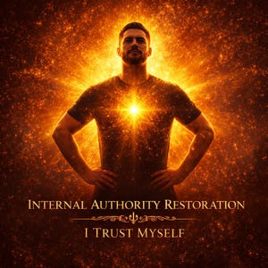 以下が含まれることがあります： デジタルアート画像。胸から明るい光を発する人物が、燃えるようなオレンジ色の背景に配置されています。「INTERNAL AUTHORITY RESTORATION」と「I TRUST MYSELF」の文字が金色で表示されています。