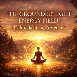 May include: A digital illustration of a silhouette in a seated meditation pose surrounded by golden light rings. The text reads THE GROUNDED LIGHT ENERGY FIELD | Calm, Balance, Presence | against a sunset landscape with trees and water.