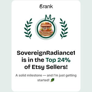 May include: A digital graphic with the text "Erank" at the top, and a logo for "Sovereign Radiance" in the center. The text "SovereignRadiance1 is in the Top 24% of Etsy Sellers!" is displayed below the logo. The text "A solid milestone - and I'm just getting started!" is at the bottom.