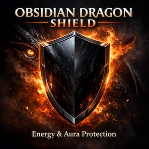 May include: A black shield with gold trim, set against a fiery background. The text "OBSIDIAN DRAGON SHIELD" is at the top, with "Energy & Aura Protection" at the bottom. A dragon's eye and part of its face are visible on the left.