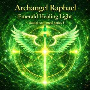 以下が含まれることがあります： 「Archangel Raphael Emerald Healing Light」のテキストが入ったデジタルアート画像。緑と金の配色で、天使の羽、十字架、星の円形デザインが特徴です。