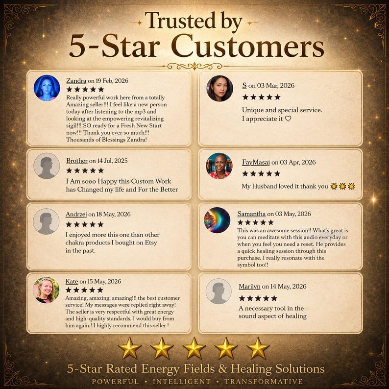 May include: A promotional image with a dark brown background, featuring customer testimonials. The text reads "Trusted by 5-Star Customers" and includes customer reviews with 5-star ratings. The bottom of the image says "5-Star Rated Energy Fields & Healing Solutions."
