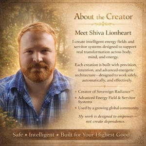 May include: A portrait of a man with red hair and a beard, wearing a blue plaid shirt. Text on the image reads "About the Creator" and "Meet Shiva Lionheart." Additional text describes his work with energy fields and servitor systems.