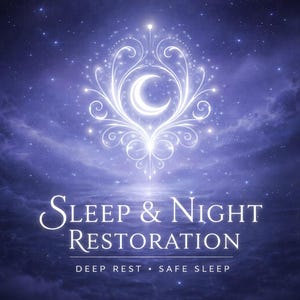 May include: A digital illustration featuring a crescent moon within a radiant, decorative emblem. The text "Sleep & Night Restoration" is written in white, with the phrases "Deep Rest • Safe Sleep" underneath.