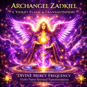 May include: Digital artwork featuring Archangel Zadkiel with violet wings and a golden orb. The image includes text that reads "Violet Flame & Transmutation" and "Divine Mercy Frequency". The artwork is rich in purple and gold tones.