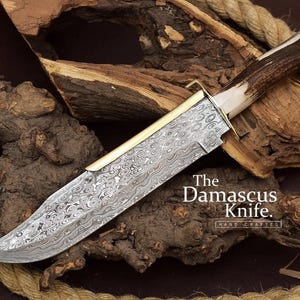 Handmade 15" Damascus Steel Bowie Knife with Stag Horn Handle & Cowhide Sheath | Custom Hunting Knife | Gift for Him