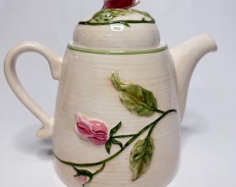 Block Basics "Garden Rose" Teapot 2002 Hand Painted 3D Floral Design Microwavable