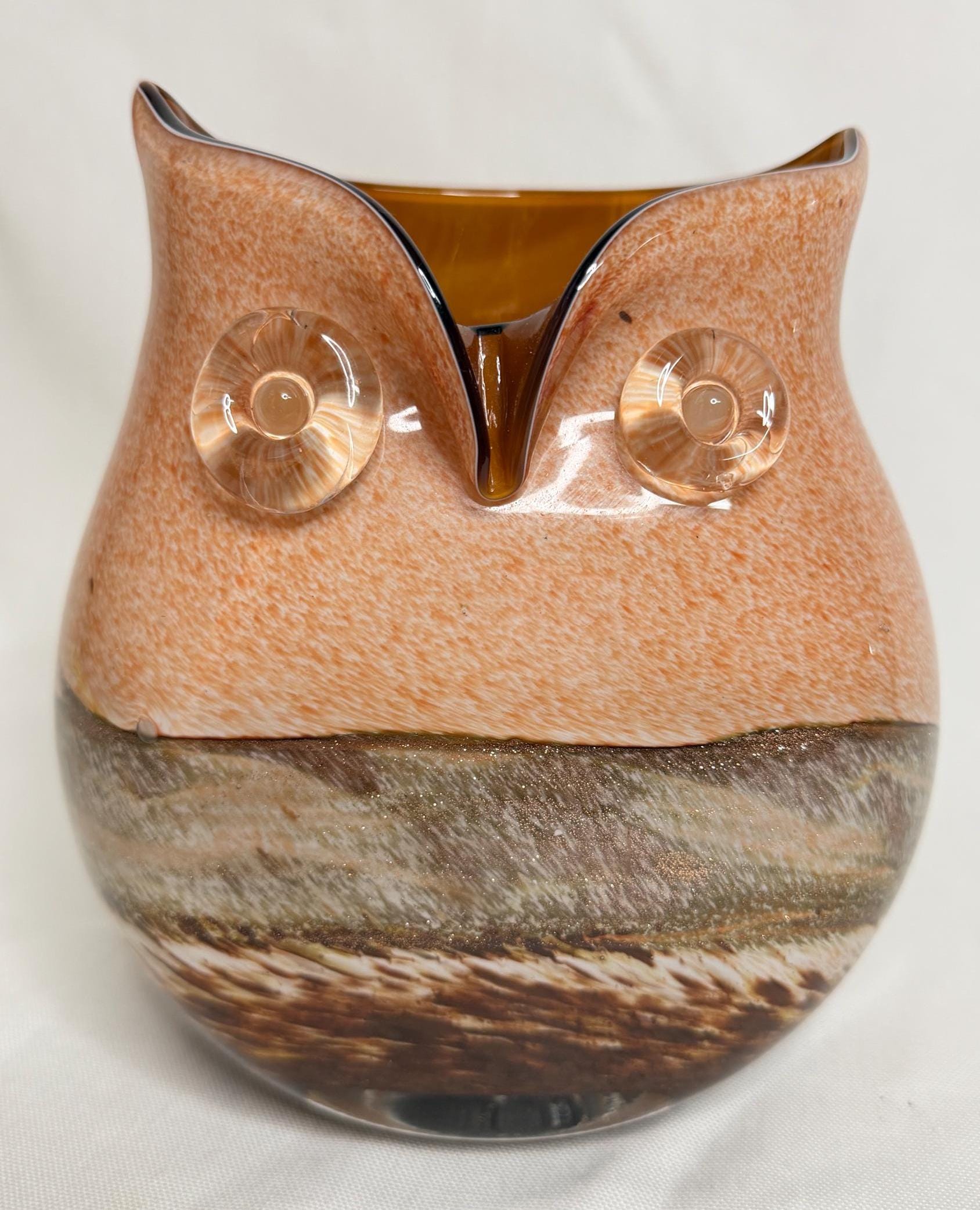 Vintage Handblown Art Glass Owl Vase Figurine Amber Brown Sommerso Style 7"