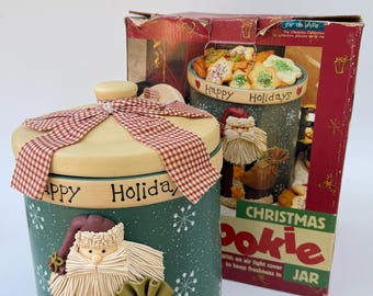 Vintage Christmas Stoneware Cookie Jar, Polymer clay 3D Santa, Happy Holidays