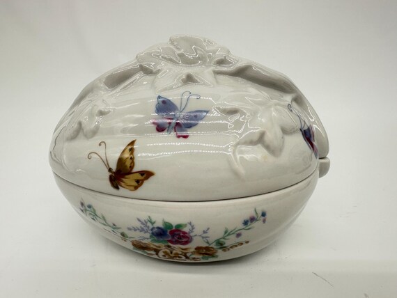 Vintage Charles Revson Inc Ciara Porcelain Egg Trinket Dish Featuring Butterfly