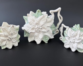 Vintage White Poinsettia Ceramic Tea Set - 3 Piece Holiday Collection - Teapot, Creamer & Sugar Bowl - Elegant Silver Trim