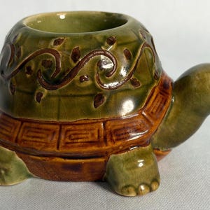 Vintage Ceramic Turtle Candle Holder Green Glazed Pottery Leaf & Vine Design
