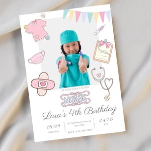 Editable Kids Medical Birthday Invitation, Kids Doctor Invite, Girls Nurse Themed Birthday Invitation, Birthday Party invite, Girls Birthday
