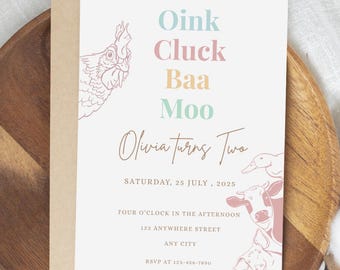 Pastel Farm Animals Birthday Invitation: Editable Template (Digital Download 5x7in Canva Template)