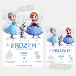 Pode incluir: Dois convites para festas de aniversário com o tema Frozen. Os convites apresentam os personagens Elsa, Anna e Olaf. O texto diz "Frozen Birthday Celebration" e inclui detalhes como o nome "Anna", a idade "3", a data, a hora e o endereço.