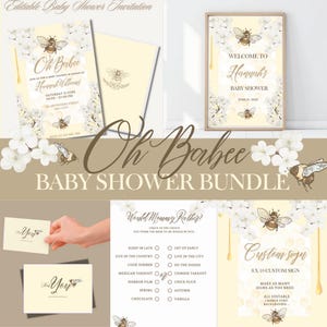 Paquete de baby shower Oh Babee, invitación editable y elegante para baby shower de abejitas, juegos, cartel de bienvenida, tarjeta de agradecimiento, baby shower de mamá a abejita