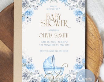Elegant Blue Floral Baby Shower Invitation Template (Digital Download 5x7in Card)