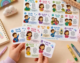 May include: A set of twelve illustrated prayer cards for children, featuring numbered squares with cartoon characters, short prayers, and Bible verses. The cards include titles like Give Me Courage, Help Me Be Kind, and Be With Me Today.