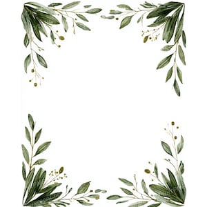 May include: Watercolor illustration of a botanical frame with olive branches and leaves. The design features green leaves and small olive-like details, arranged in the corners of a white background. The artwork has a natural, organic feel.