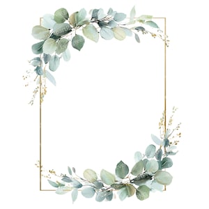 12 PNG Eucalyptus Frame Clipart, Gold Border Greenery, Watercolor Leaf Wedding Invitation, Digital Download, High Quality, Transparent PNG